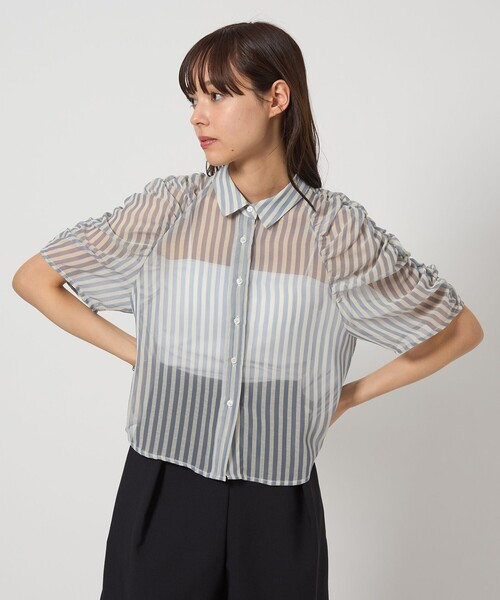EMMEL REFINES（エメルリファインズ）の「＜EMMEL REFINES＞EM シアーストライプ ソデギャザー ブラウス（シャツ/ブラウス・レディース・ライトグレー/ライトブルー・FREE）」の6枚目の写真