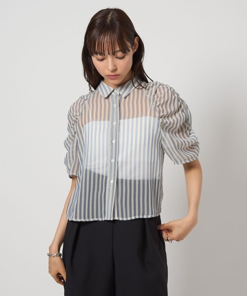 EMMEL REFINES（エメルリファインズ）の「＜EMMEL REFINES＞EM シアーストライプ ソデギャザー ブラウス（シャツ/ブラウス・レディース・ライトグレー/ライトブルー・FREE）」の5枚目の写真