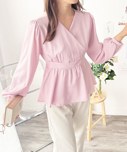 Dewlily(デューリリー)の「甘すぎずきれいめコーデにも◎ カシュクール風リボンフレアブラウス(シャツ/ブラウス・レディース・ブルー/ピンク/ホワイト・XL/S/M/L)」の18枚目の写真