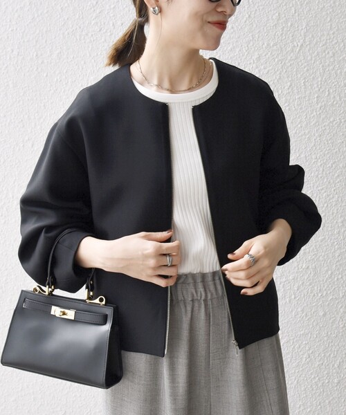 美品【ROPÉ】 ジップアップ きれいめフォルムブルゾン ノーカラージャケット SHIPS any:〈洗濯機可能〉ダブルクロス ノーカラー ジップ