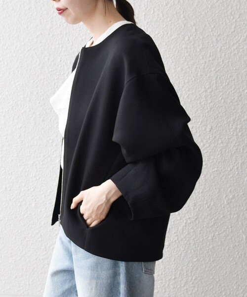 【新品未使用】SHIPS anyダブルクロスノーカラージップブルゾン黒 SHIPS any:〈洗濯機可能〉ダブルクロス ノーカラー ジップ ブルゾン