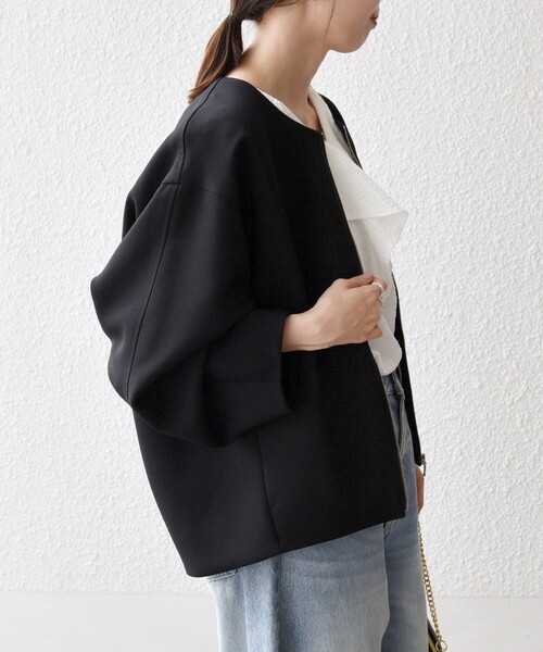 【新品未使用】SHIPS anyダブルクロスノーカラージップブルゾン黒 SHIPS any:〈洗濯機可能〉ダブルクロス ノーカラー ジップ ブルゾン