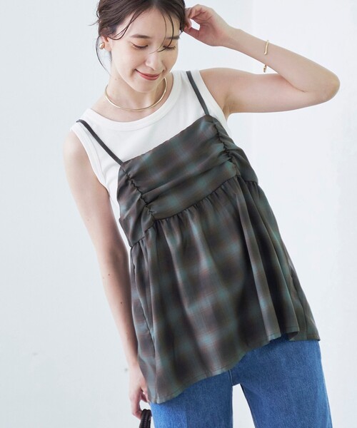 coen（コーエン）の「シアーオンブレチェックギャザーキャミソール（キャミソール・レディース・ネイビー/オフホワイト/ブラウン・FREE）」の21枚目の写真