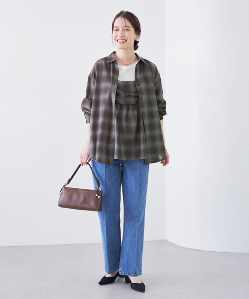 coen（コーエン）の「シアーオンブレチェックギャザーキャミソール（キャミソール・レディース・ネイビー/オフホワイト/ブラウン・FREE）」の4枚目の写真