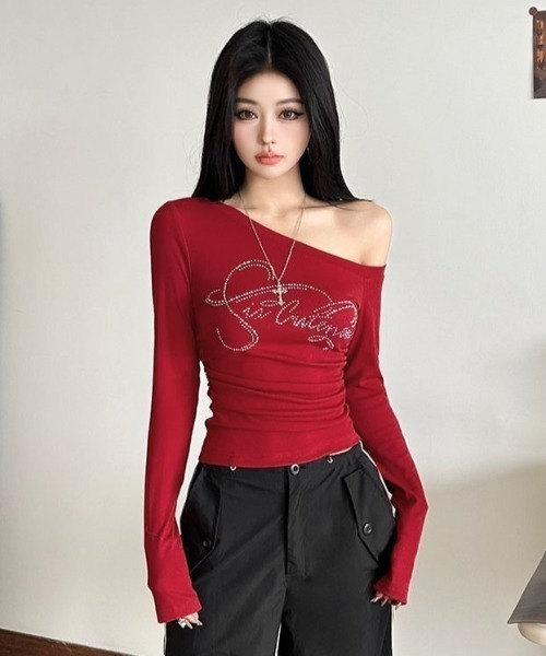 lilful(リルフル)の「サイドギャザーワンショルラインストーンロゴロンT(Tシャツ/カットソー・レディース・ブラック/ホワイト/グレー/レッド・F)」の18枚目の写真