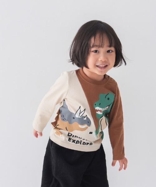 CHEEK ROOM(チークルーム)の「CHEEK ROOM/チークルーム 恐竜 ロングTシャツ(Tシャツ/カットソー・キッズ・オフホワイト/アイボリー/ブラック・80cm/90cm/100cm/110cm/120cm/130cm)」の3枚目の写真