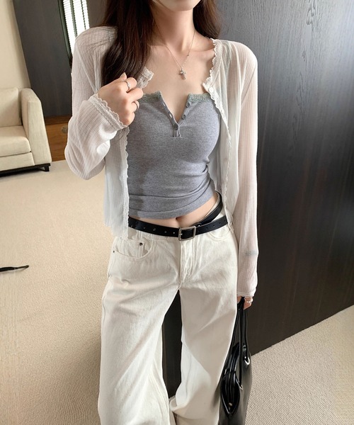 MEMECLE（メメクル）の「【 MEMECLE / メメクル 】シンプル フリル クルーネックカーディガン（カーディガン/ボレロ・レディース・ネイビー/ホワイト/グレー・SMALL/MEDIUM）」の5枚目の写真