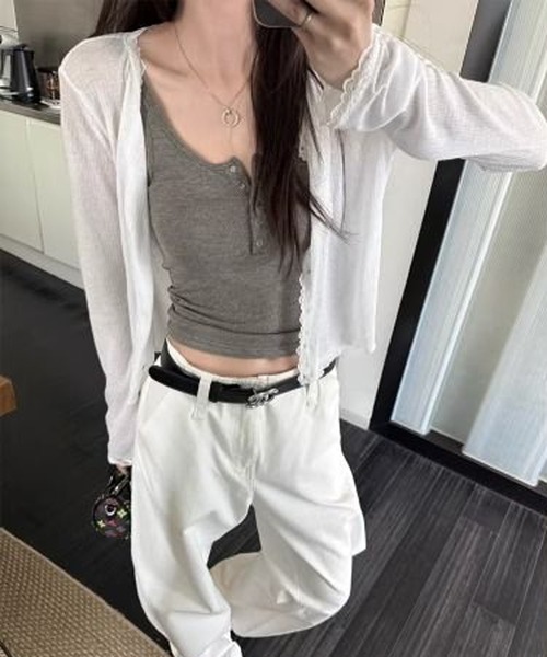 MEMECLE（メメクル）の「【 MEMECLE / メメクル 】シンプル フリル クルーネックカーディガン（カーディガン/ボレロ・レディース・ネイビー/ホワイト/グレー・SMALL/MEDIUM）」の6枚目の写真