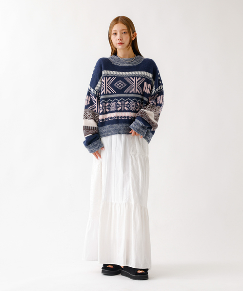 Rouge vif la cle（ルージュヴィフラクレ）の「【nap / ナップ】Textured Detail Skirt / テキスタイルディテール ティアードスカート【WEB限定】（スカート・レディース・ホワイト/ネイビー・フリー）」の6枚目の写真