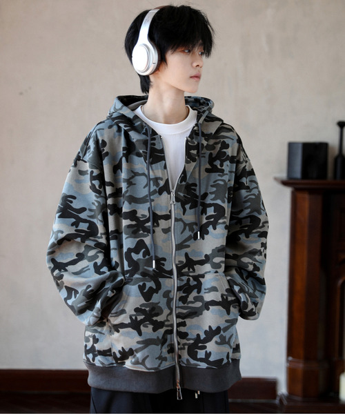 グレー迷彩 韓国アウター セール】【neos】オーバーサイズ カモフラージュ 迷彩 ジップ パーカー