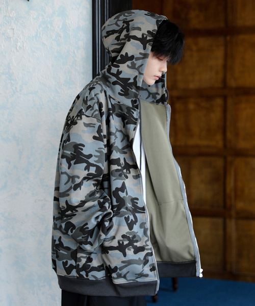 neos】オーバーサイズ カモフラージュ 迷彩 ジップ パーカー メンズ
