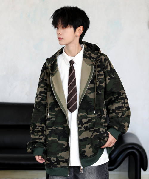 グレー迷彩 韓国アウター セール】【neos】オーバーサイズ カモフラージュ 迷彩 ジップ パーカー