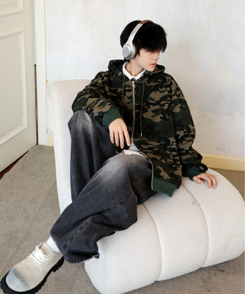 neos（ネオス）の「【neos】オーバーサイズ カモフラージュ 迷彩 ジップ パーカー メンズ レディース 韓国ファッション ルーズシルエット（パーカー・メンズ・グリーン系カモフラージュ/グレー系カモフラージュ・MEDIUM/LARGE/X-LARGE）」の5枚目の写真