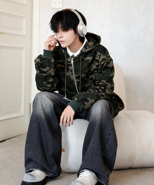 neos（ネオス）の「【neos】オーバーサイズ カモフラージュ 迷彩 ジップ パーカー メンズ レディース 韓国ファッション ルーズシルエット（パーカー・メンズ・グリーン系カモフラージュ/グレー系カモフラージュ・MEDIUM/LARGE/X-LARGE）」の6枚目の写真