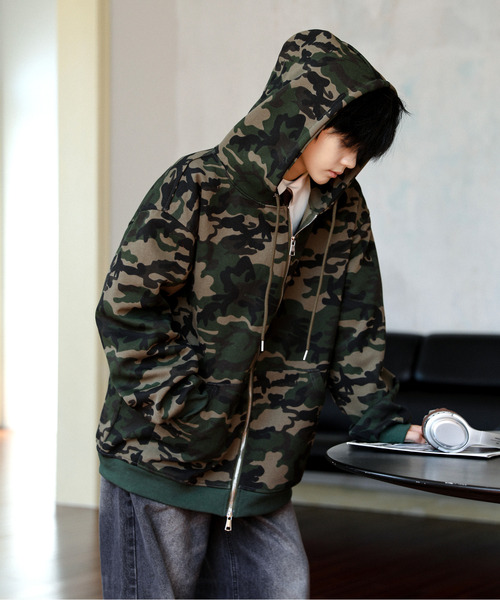 neos】オーバーサイズ カモフラージュ 迷彩 ジップ パーカー メンズ