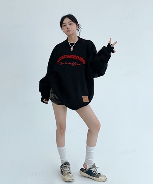 Dalfwin（ダールフィン）の「韓国ファッション RICECAKEサガラ刺繍ラグランスウェット（スウェット・レディース・グレー/ブラック・FREE）」の11枚目の写真