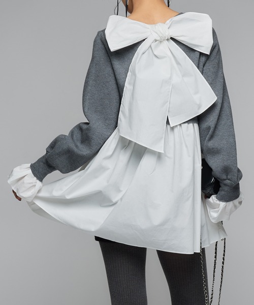 Narcissus(ナルシス)の「リボンペプラムニット/ドッキング/フェミニン《動画あり》(ニット/セーター・レディース・グレー/ブラック・FREE)」の2枚目の写真