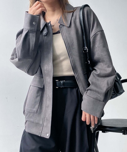 AS KNOW AS plus（アズノゥアズプラス）の「♪ダブルポケット付き　スウェード ゆったりシルエットブルゾン（ブルゾン・レディース・チャコールグレー/ブラウン/キャメル/グレイッシュベージュ・FREE）」の20枚目の写真