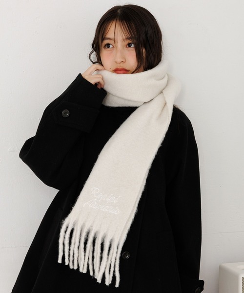 ウール ブラックマフラー フリンジ付き miniministore（ミニミニストア） ボリューム ワイドマフラーフリンジ