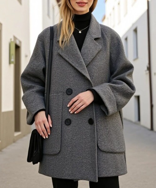 cammie(キャミー)の「ヘリンボン柄ショートコート(その他アウター・レディース・ピンク/ネイビー/ベージュ・L/M)」の2枚目の写真