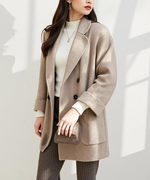 cammie(キャミー)の「ヘリンボン柄ショートコート(その他アウター・レディース・ピンク/ネイビー/ベージュ・L/M)」の6枚目の写真