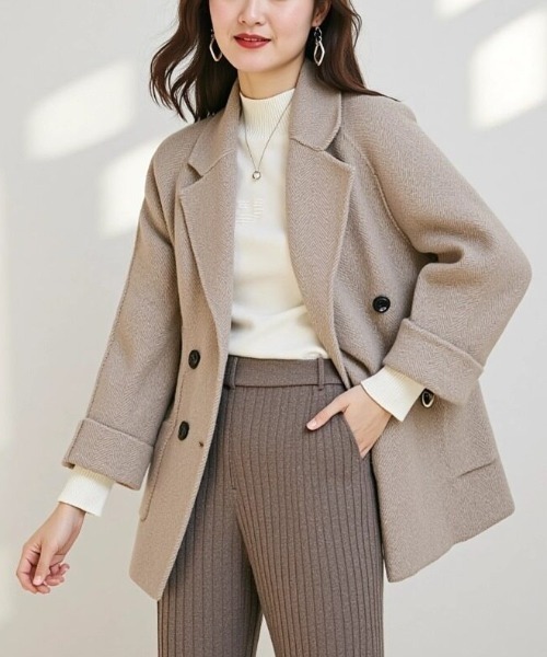 cammie(キャミー)の「ヘリンボン柄ショートコート(その他アウター・レディース・ピンク/ネイビー/ベージュ・L/M)」の4枚目の写真