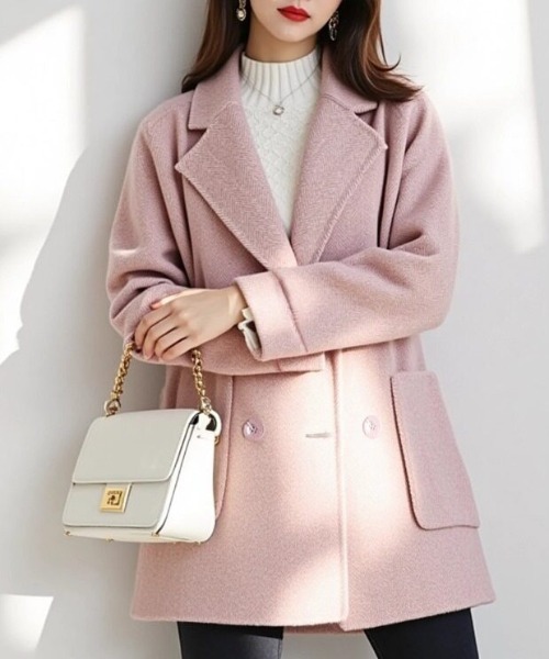 cammie(キャミー)の「ヘリンボン柄ショートコート(その他アウター・レディース・ピンク/ネイビー/ベージュ・L/M)」の14枚目の写真