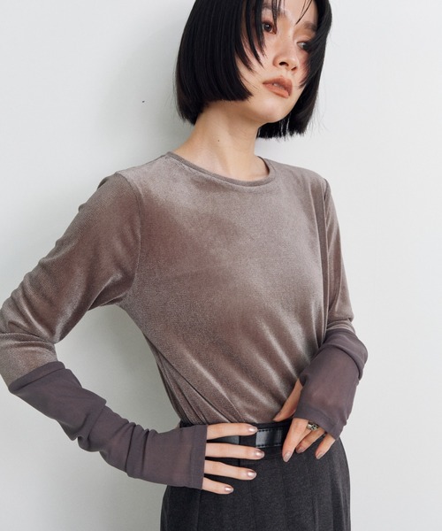 Shelly island(シェリーアイランド)の「シアーベロア袖切り替えロンT(Tシャツ/カットソー・レディース・ブラック/グレー/ホワイト・FREE)」の15枚目の写真