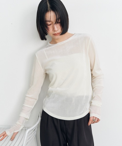 Shelly island(シェリーアイランド)の「シアーベロア袖切り替えロンT(Tシャツ/カットソー・レディース・ブラック/グレー/ホワイト・FREE)」の5枚目の写真