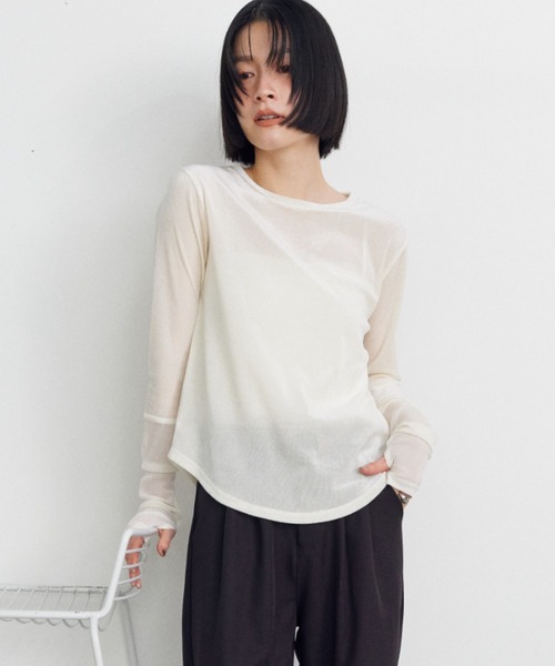 Shelly island(シェリーアイランド)の「シアーベロア袖切り替えロンT(Tシャツ/カットソー・レディース・ブラック/グレー/ホワイト・FREE)」の7枚目の写真