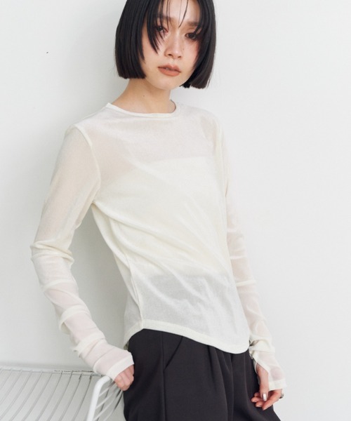 Shelly island(シェリーアイランド)の「シアーベロア袖切り替えロンT(Tシャツ/カットソー・レディース・ブラック/グレー/ホワイト・FREE)」の13枚目の写真