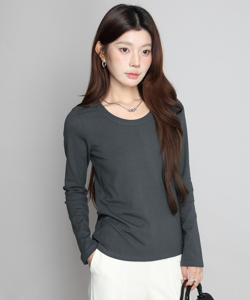 OUR リブ長袖カットソー チャコールグレー セール】Uネック裏起毛リブカットソー（Tシャツ/カットソー）｜by