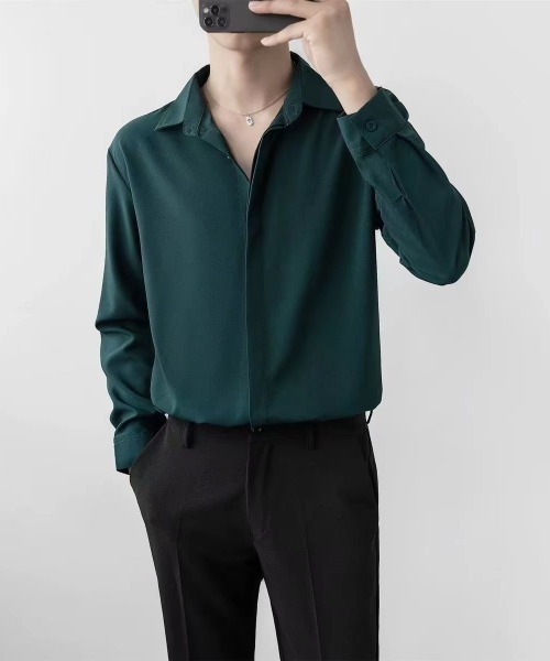 link lot(リンクロット)の「比翼デザインベーシック 無地シャツ(シャツ/ブラウス・メンズ・ブラック/ホワイト/グリーン/ライトグリーン・M/L)」の3枚目の写真