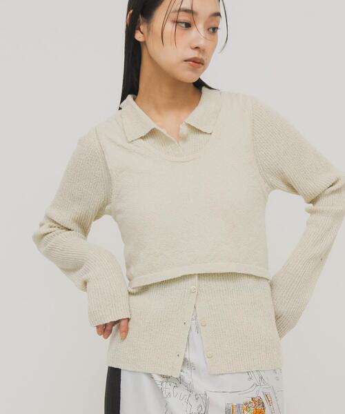 KBF(ケイビーエフ)の「『一部WEB限定カラー』ミニブークレレイヤードニットシャツ(ニット/セーター・レディース・チャコールグレー/ライトブルー/アイボリー/グリーン系その他・ONE)」の4枚目の写真