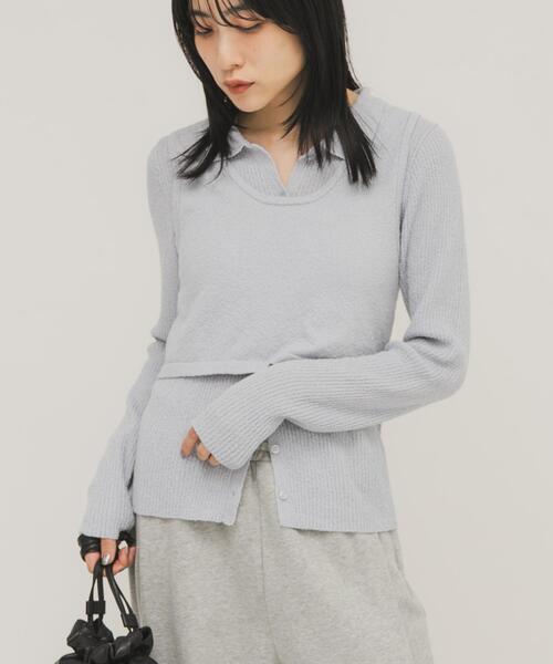 KBF（ケイビーエフ）の「『一部WEB限定カラー』ミニブークレレイヤードニットシャツ（ニット/セーター・レディース・チャコールグレー/ライトブルー/アイボリー/グリーン系その他・ONE）」の12枚目の写真