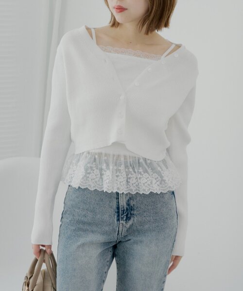 Chico（チコ）の「レイヤードフリルニットトップス（カーディガン/ボレロ・レディース・アイボリー/ピンクベージュ/ネイビー・FREE）」の5枚目の写真