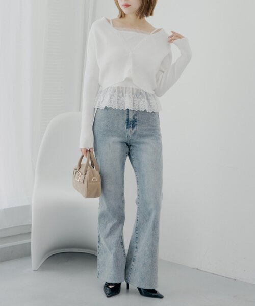 Chico（チコ）の「レイヤードフリルニットトップス（カーディガン/ボレロ・レディース・アイボリー/ピンクベージュ/ネイビー・FREE）」の7枚目の写真