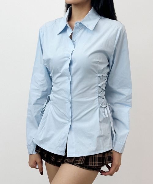 FOLLOWIN(フォロウィン)の「3COLOR/サイドレースアップシャツ(シャツ/ブラウス・レディース・ブラック/ブルー/ホワイト・FREE)」の3枚目の写真