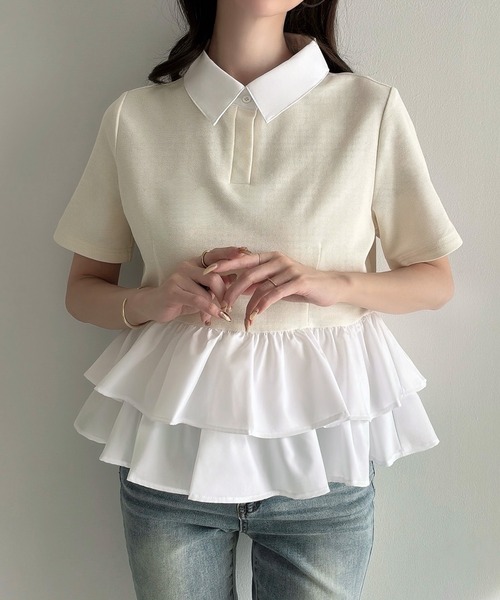 Meiru(メイル)の「ドッキングペプラム半袖ポロ(シャツ/ブラウス・レディース・アイボリー/ブラック/ネイビー・SMALL/LARGE/MEDIUM)」の4枚目の写真