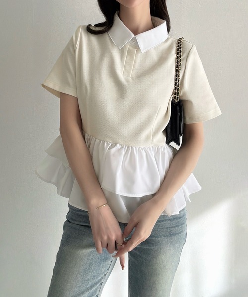 Meiru(メイル)の「ドッキングペプラム半袖ポロ(シャツ/ブラウス・レディース・アイボリー/ブラック/ネイビー・SMALL/LARGE/MEDIUM)」の5枚目の写真