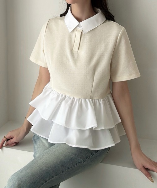 Meiru(メイル)の「ドッキングペプラム半袖ポロ(シャツ/ブラウス・レディース・アイボリー/ブラック/ネイビー・SMALL/LARGE/MEDIUM)」の6枚目の写真