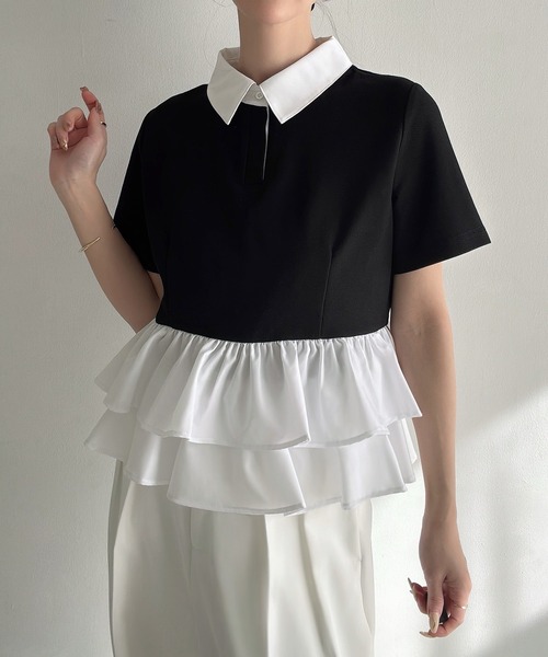 Meiru(メイル)の「ドッキングペプラム半袖ポロ(シャツ/ブラウス・レディース・アイボリー/ブラック/ネイビー・SMALL/LARGE/MEDIUM)」の7枚目の写真