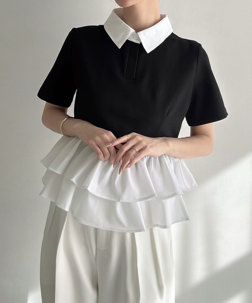 Meiru(メイル)の「ドッキングペプラム半袖ポロ(シャツ/ブラウス・レディース・アイボリー/ブラック/ネイビー・SMALL/LARGE/MEDIUM)」の8枚目の写真