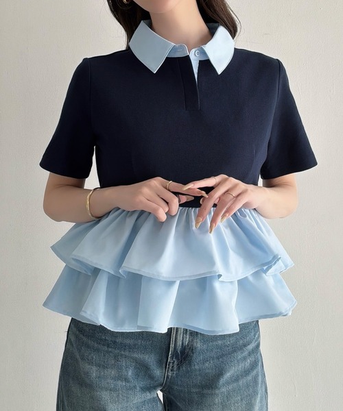 Meiru(メイル)の「ドッキングペプラム半袖ポロ(シャツ/ブラウス・レディース・アイボリー/ブラック/ネイビー・SMALL/LARGE/MEDIUM)」の11枚目の写真