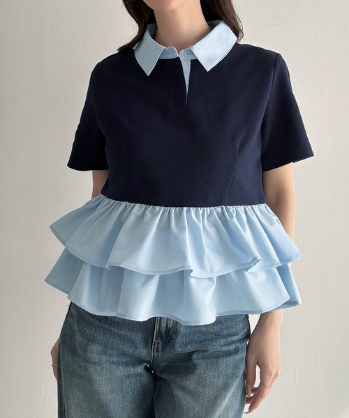 Meiru(メイル)の「ドッキングペプラム半袖ポロ(シャツ/ブラウス・レディース・アイボリー/ブラック/ネイビー・SMALL/LARGE/MEDIUM)」の12枚目の写真