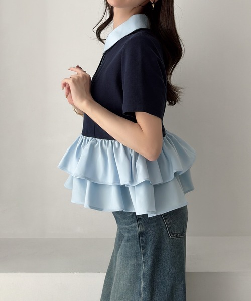 Meiru(メイル)の「ドッキングペプラム半袖ポロ(シャツ/ブラウス・レディース・アイボリー/ブラック/ネイビー・SMALL/LARGE/MEDIUM)」の13枚目の写真