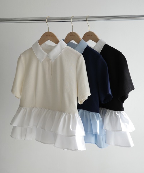 Meiru(メイル)の「ドッキングペプラム半袖ポロ(シャツ/ブラウス・レディース・アイボリー/ブラック/ネイビー・SMALL/LARGE/MEDIUM)」の14枚目の写真