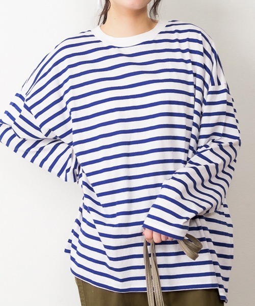 aity(アイティ)の「M-5L オーバーサイズ ボーダーロンT 夏服(Tシャツ/カットソー・レディース・ブルー/杢グレー/ブラック・LL~3L/M~L/4L~5L)」の3枚目の写真