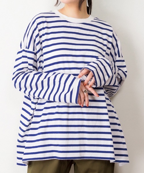 aity(アイティ)の「M-5L オーバーサイズ ボーダーロンT 夏服(Tシャツ/カットソー・レディース・ブルー/杢グレー/ブラック・LL~3L/M~L/4L~5L)」の9枚目の写真