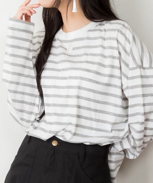 aity(アイティ)の「M-5L オーバーサイズ ボーダーロンT 夏服(Tシャツ/カットソー・レディース・ブルー/杢グレー/ブラック・LL~3L/M~L/4L~5L)」の14枚目の写真